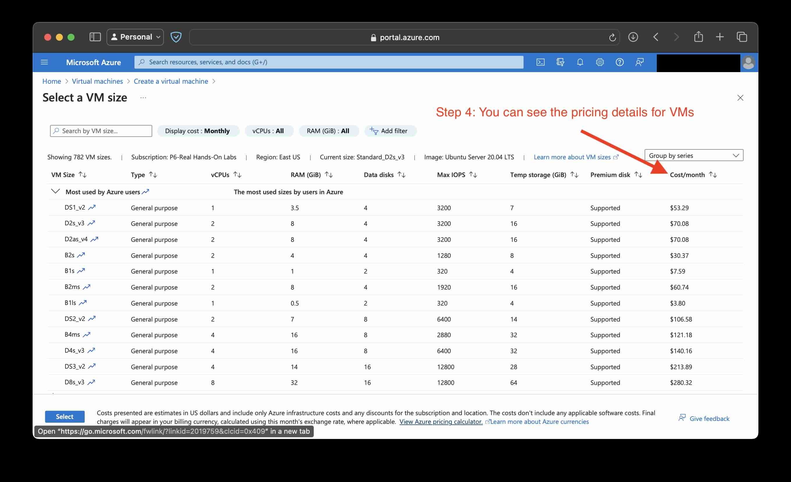 Step 4 - You can see Pricing details for Azure VMs as cost per month
